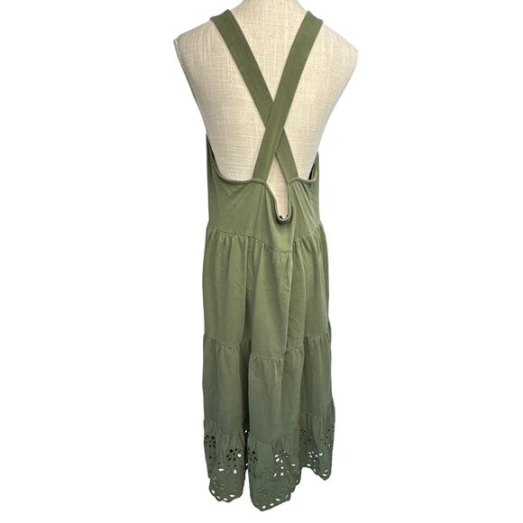 J.Crew Olive Green Sleeveless Tiered Midi Dress XL Eyelet Hem Cotton Made In Ind - Picture 4 of 9